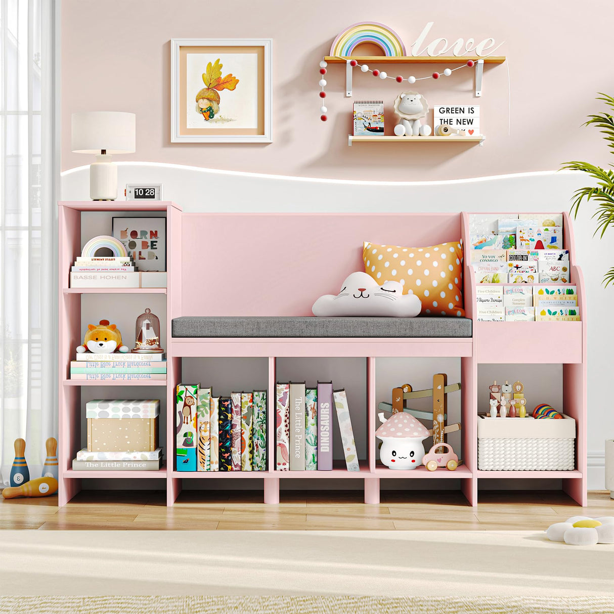 HOSTACK Pink Kids Reading Nook Bookshelf with Storage Cubbies and Bench HOSTACK