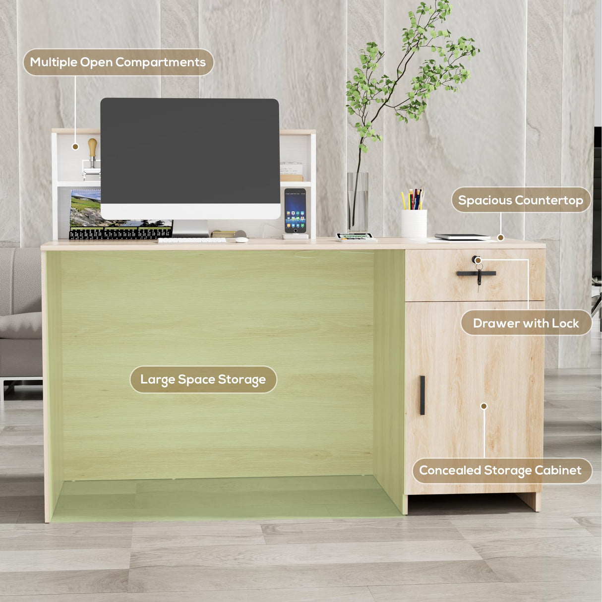 TUSY Modern Reception Desk with Storage Drawers, 55.1" Office Counter with Power Outlets, Contrast Color Secretary Table, Front Desks for Salon, Lobby – White (55.1" W x 23.6" D x 43.3" H) TUSY