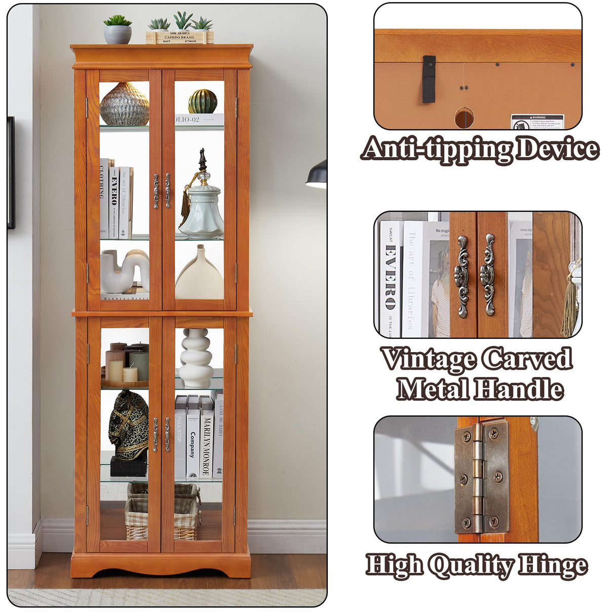 nifoti 70" H Lighted Curio Cabinet Display Case, Glass Curio Cabinets with Adjustable Shelves and Tempered Glass Door, Wooden Cabinet w/Mirrored Back Pane for Living Room (Oak) nifoti