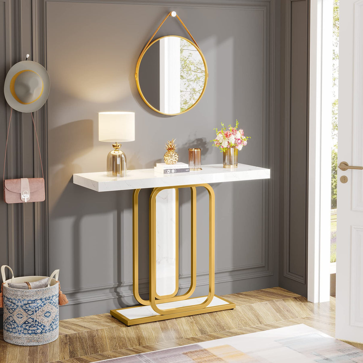 Tribesigns Modern Gold White Console Table with LED Lights, 41.3 Inch Entryway Hallway Foyer Accent Table with Faux Marble Veneer for Living Room, Entrance Tribesigns