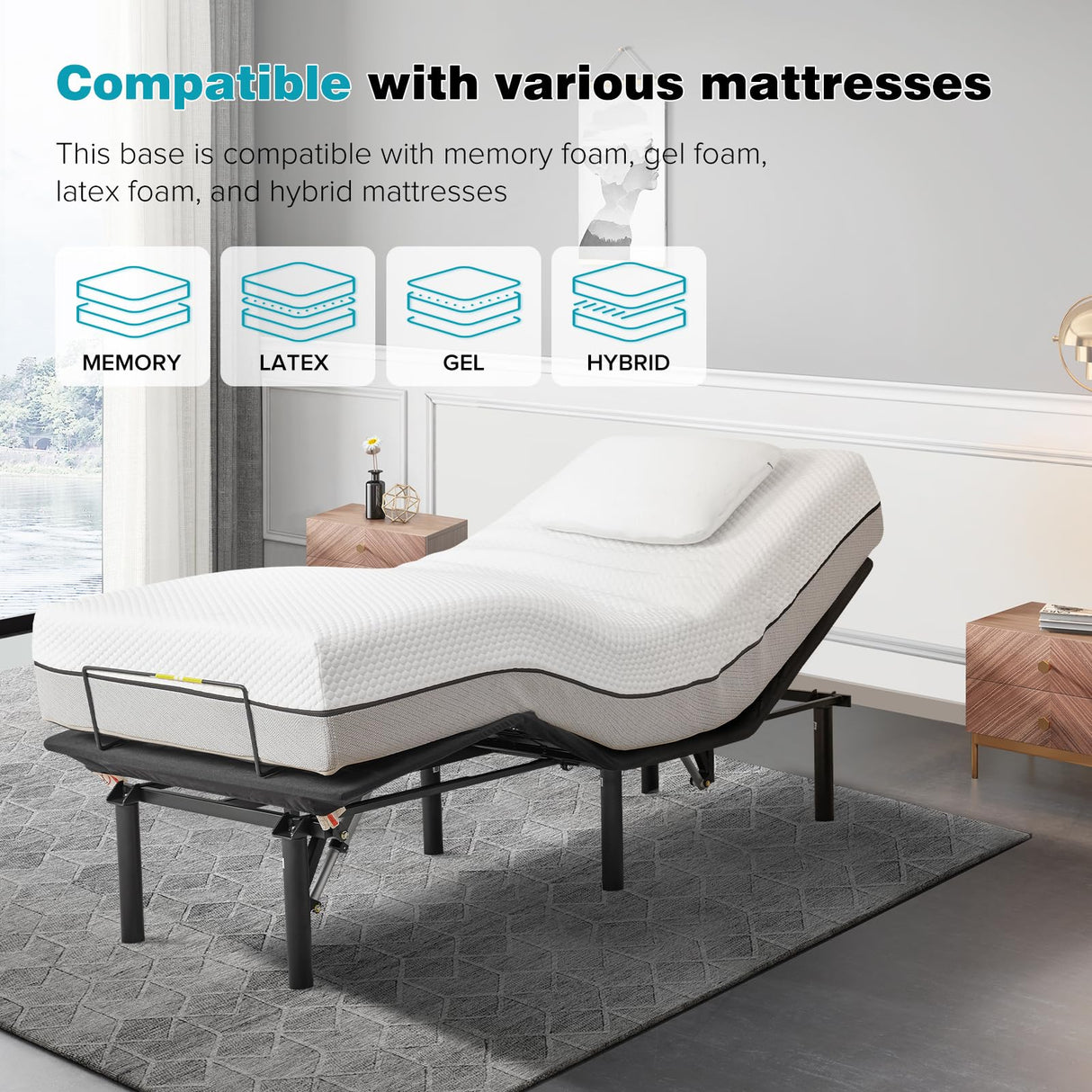 VWD Split King Size Adjustable Bed Base/Bed Frame with Motorized Head and Foot Incline,Zero-Gravity,Wireless Remote (Fabric Cover, Split King) VWD
