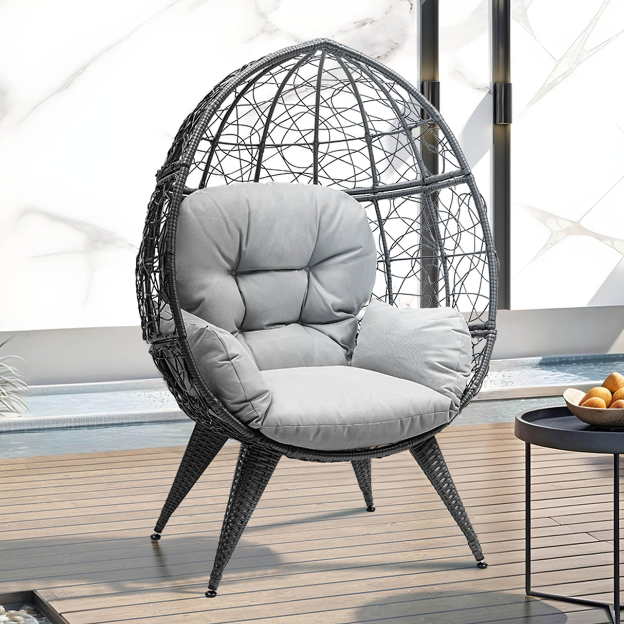 DWVO Oversized Egg Chair with Stand Rattan Outdoor Chairs, Large Lounger Chair with Cushion, Adjustable Leveling Feet, Egg Chair Indoor for Bedroom, Living Room, Outdoor Backyard, Patio, Garden, Grey DWVO