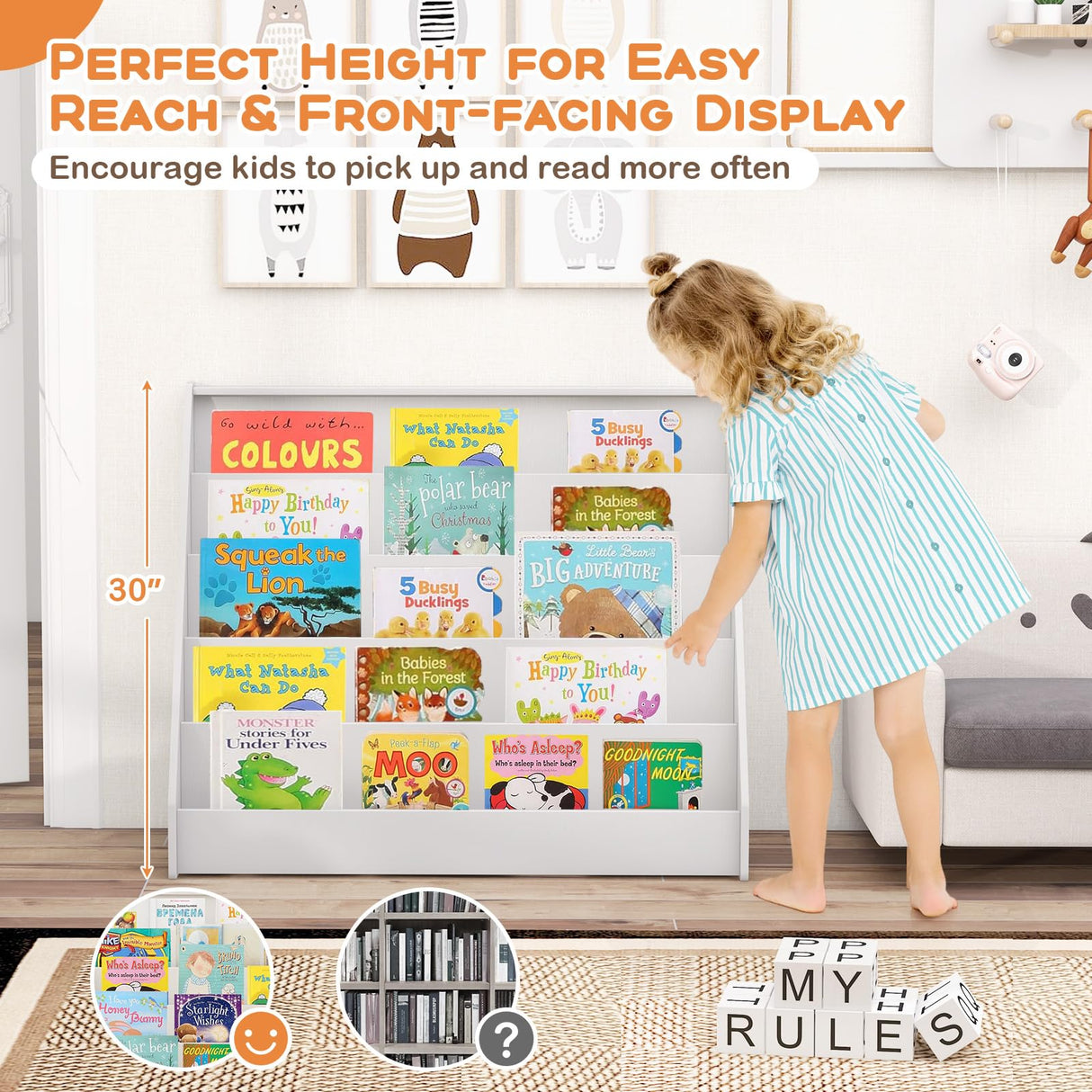 Costzon 5-Tier Kids Bookshelf, Wooden Children Bookcase, Toddler Book Rack, Magazine Storage & Display Shelf, Book Shelf for Kids Room, Living Room, Nursery, Classroom (White) Costzon