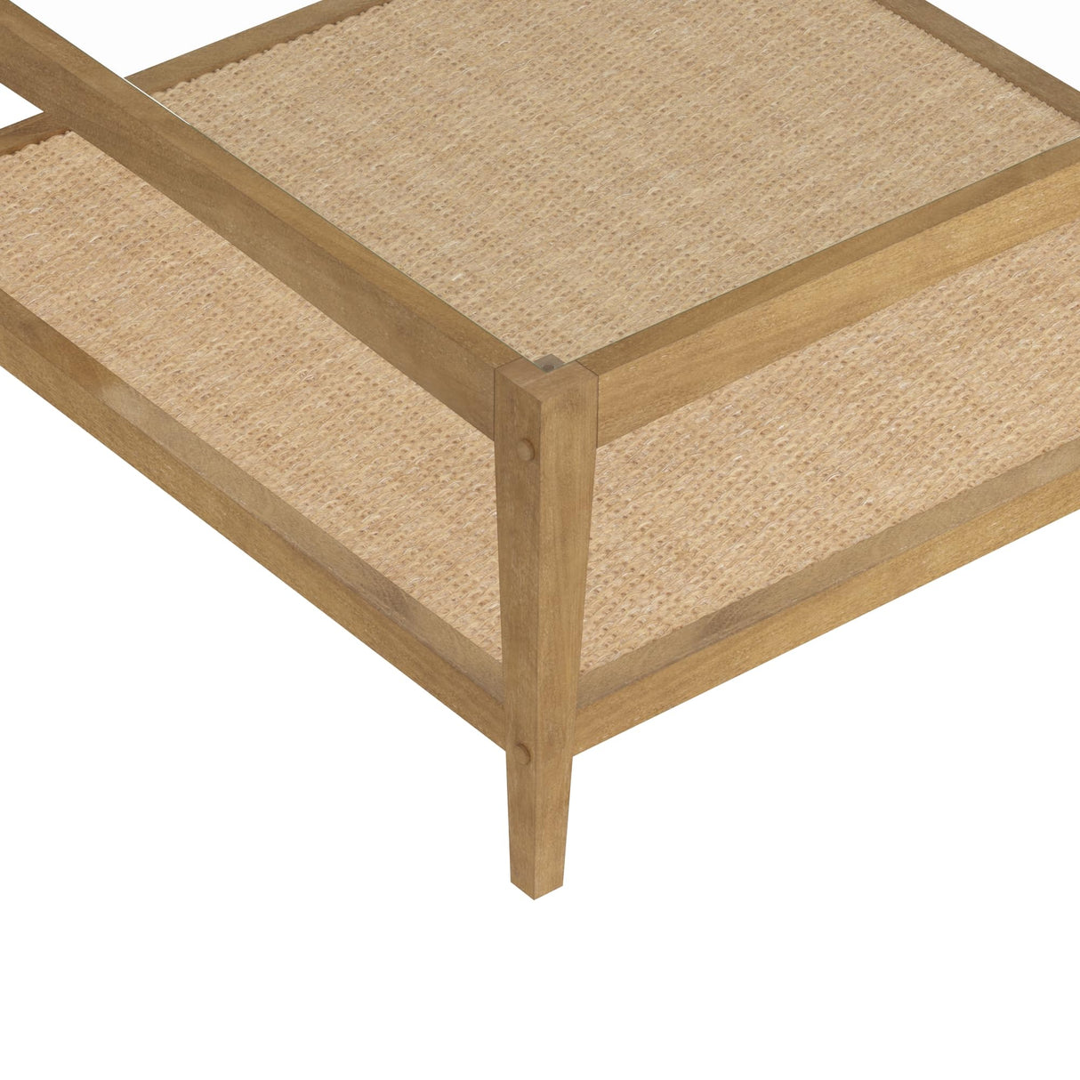Nathan James Hayes Glass Top Coffee Table, Solid Wood Coffee Table with Glass Top and Rattan Bottom Shelf, Light Brown Nathan James