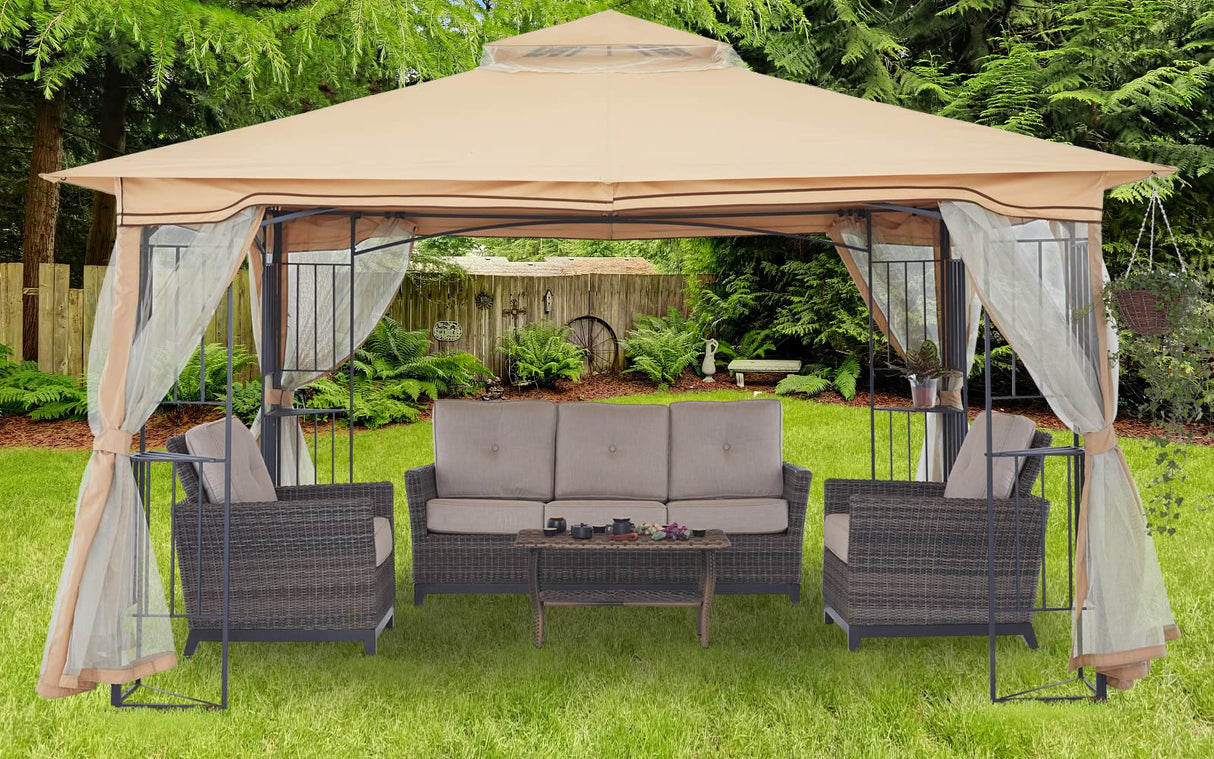 MASTERCANOPY Patio Outdoor Gazebo with Netting Screen Walls and Corner Shelf Design (11x11,Beige) MASTERCANOPY