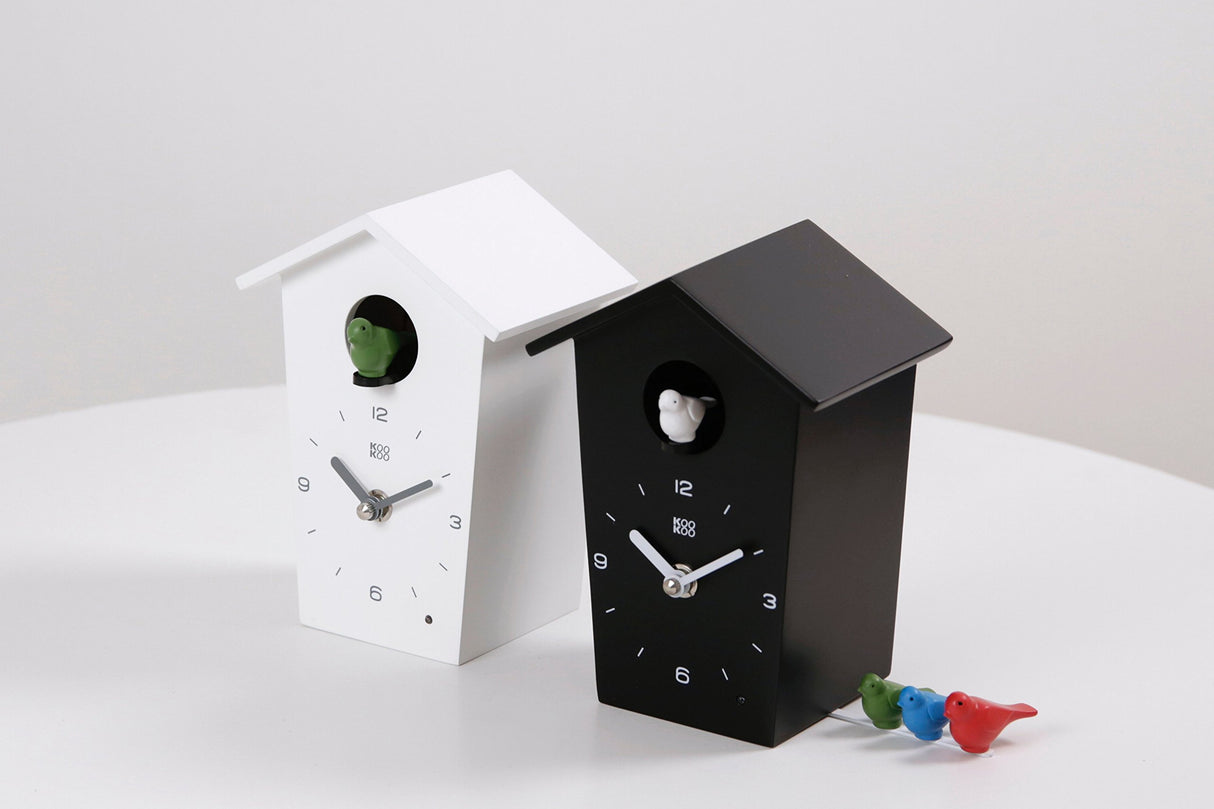 KOOKOO Birdhouse Mini Black, Tiny Modern Cuckoo Clock with 12 Natural Bird Songs or Cuckoo Call KOOKOO