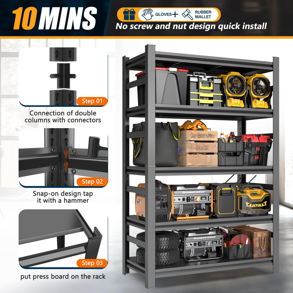Hymnxemo Heavy Duty Commercial Metal Garage Shelving Rack,Adjustable Industrial Steel Storage Shelves for Warehouse, Garage, Basement, 87" H x 47.2" W x 23.6" D, Black Hymnxemo