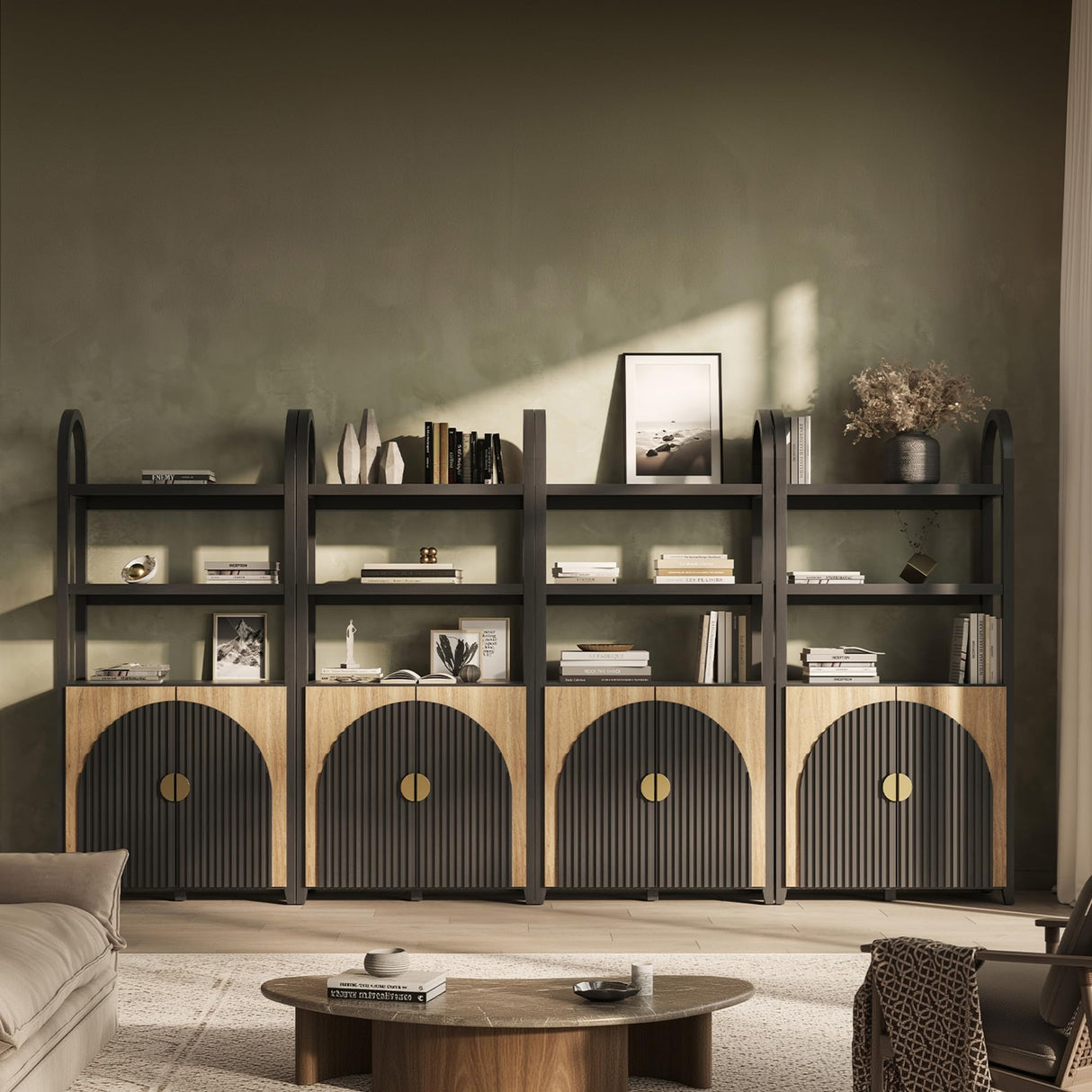 BELLEZE Book Shelf 72" Tall Arched Bookcase with Storage, 5 Tier Mid Century Modern Fluted Bookshelf with Doors, Modular Bookshelves for Living Room Office Library (Camel) BELLEZE