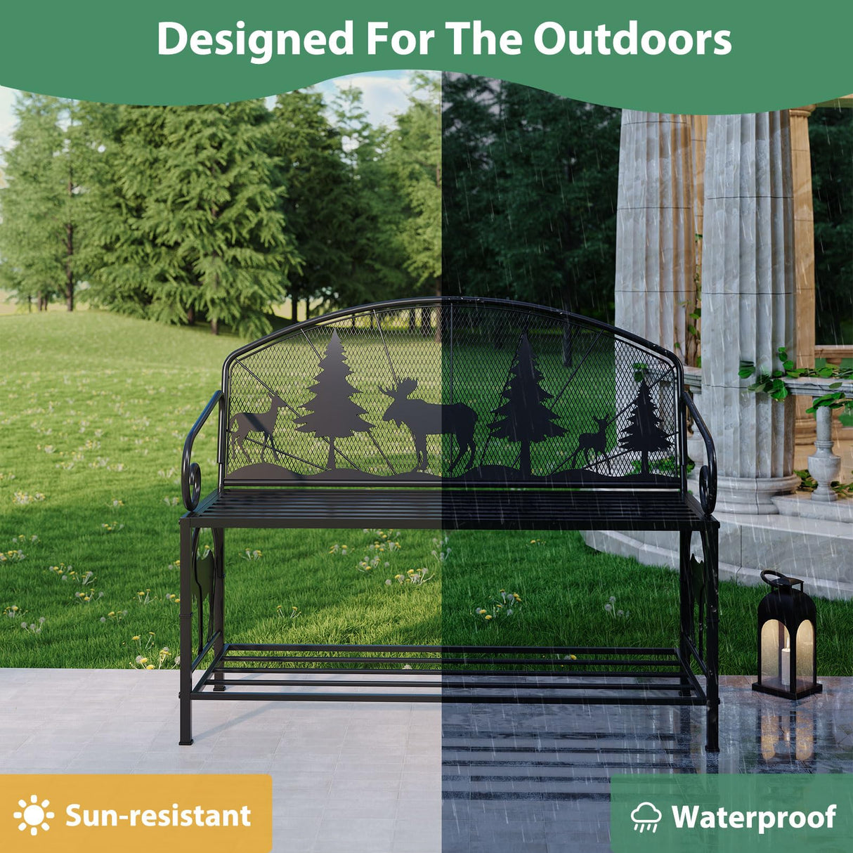 HavenlyYouth Outdoor Bench, Garden Bench with Backrest and Armrests, Patio Bench with Forest Series Pattern, Anti- Rust Thickened Metal Bench Outdoor for Garden, Yard, Patio, Porch, Lawn and Park HavenlyYouth