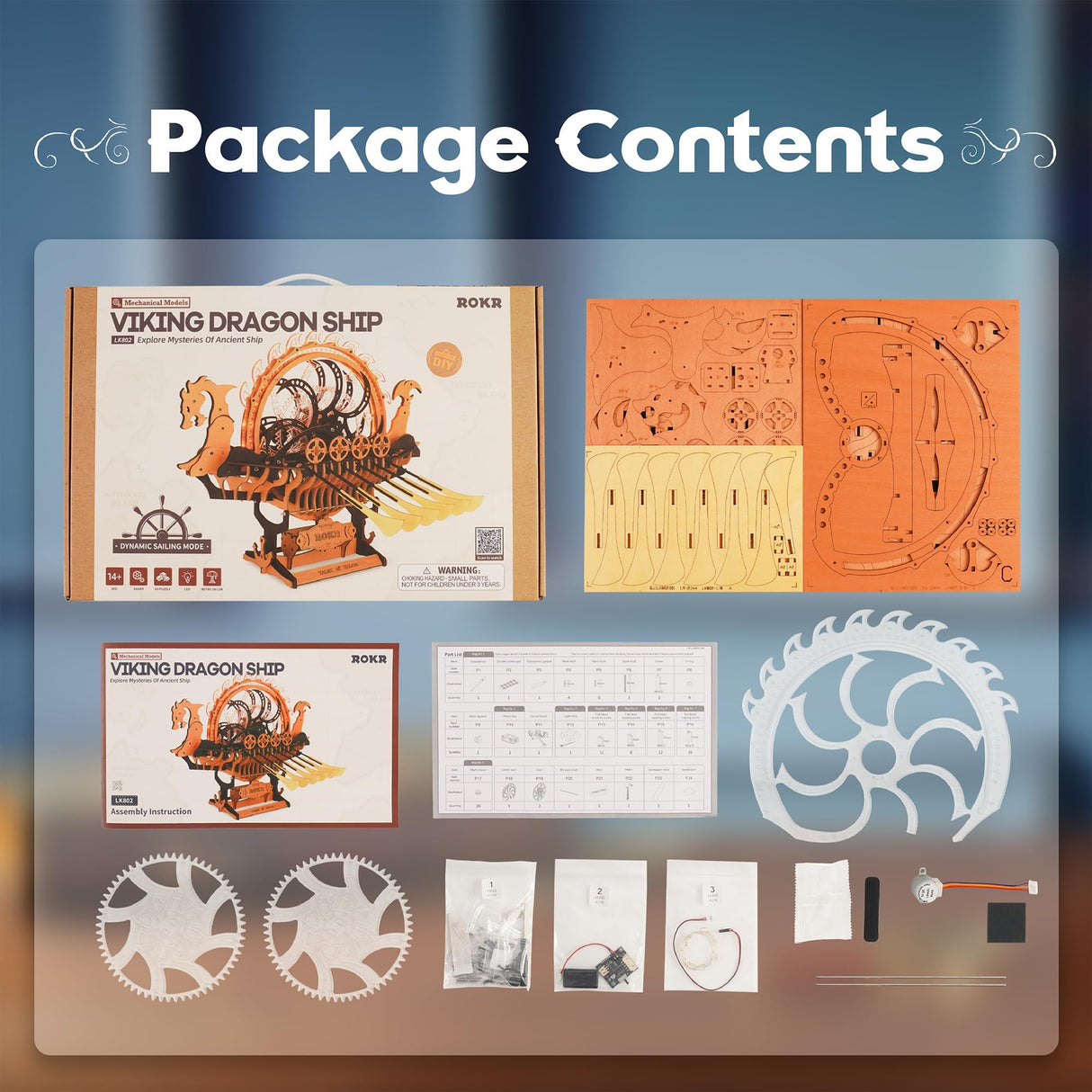 ROKR 3D Wooden Puzzle for Adults, 3-Hour Build, Viking Dragon Ship with LED Lights, Model Kits for Adults to Build, Ideal Gift for Boys and Men ROKR