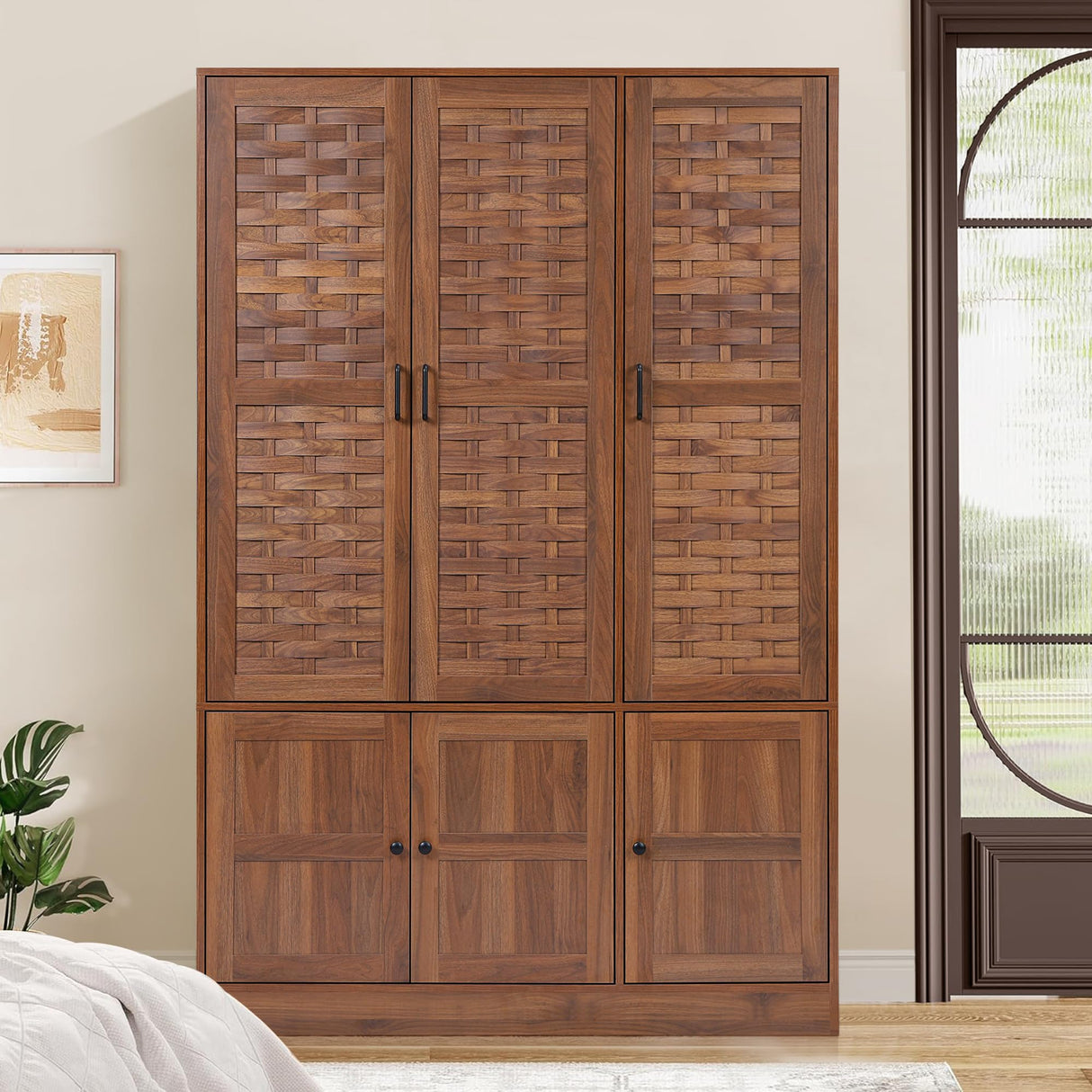 LEVNARY Wardrobe Closet with 6 Woven Doors, Walnut Armoire Wardrobe Cabinet for High Storage Capacity with Adjustable Shelves and Hanging Rail, Freestanding Tall Bedroom Closet (Walnut) LEVNARY