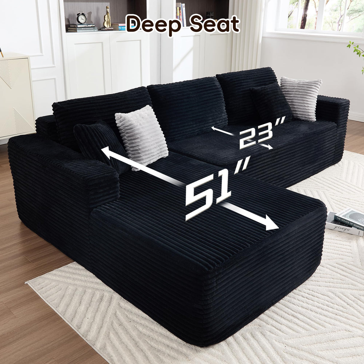 Opiesit 108" Boneless Couches for Living Room, Modular Sectional Sofa with Oversized Chaise, L-Shape Cloud Couch with Deep Seat, High-Density Memory Foam, No Assembly Required, Plush Corduroy Black Opiesit