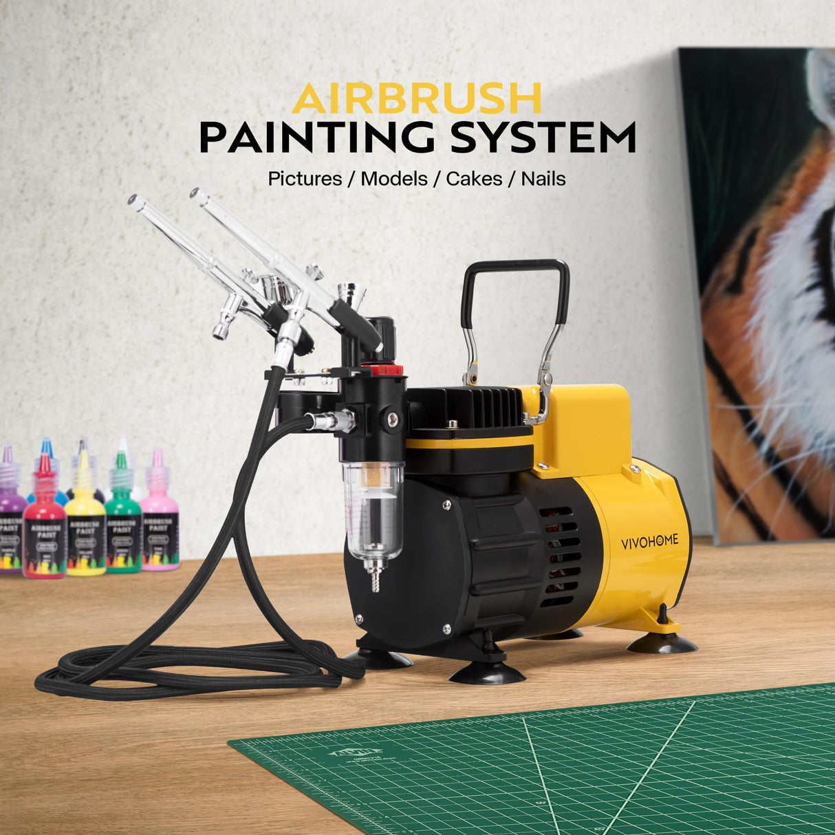 VIVOHOME Airbrush Kit with Dual Fan Air Compressor and 3 Dual Action Airbrush Gun, Gravity and Siphon Feed, Quiet Air Brush Set with 8 Primary Opaque Colors, Cleaning Brush, Yellow VIVOHOME