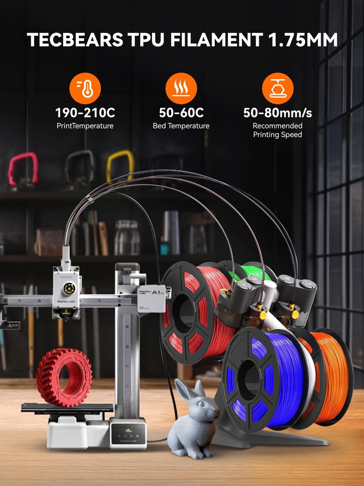 TECBEARS TPU Filament 1.75mm, 95A 3D Printer Filament, Flexible TPU Filament for Fast Printing, Dimensional Accuracy +/- 0.03mm, Fit Most FDM 3D Printers, Blue 1KG TECBEARS