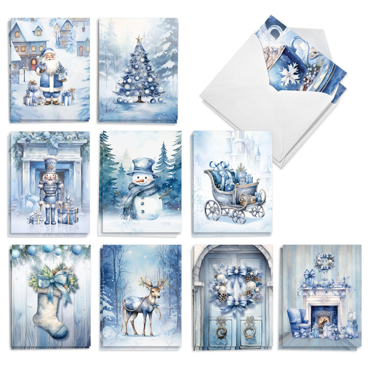 The Best Card Company 20 Assorted Christmas Notecards Bulk Box Set 4 x 5.12 Inch with Envelopes (10 Designs, 2 Each) Holiday In Blue AM10781XSG-B2x10 The Best Card Company