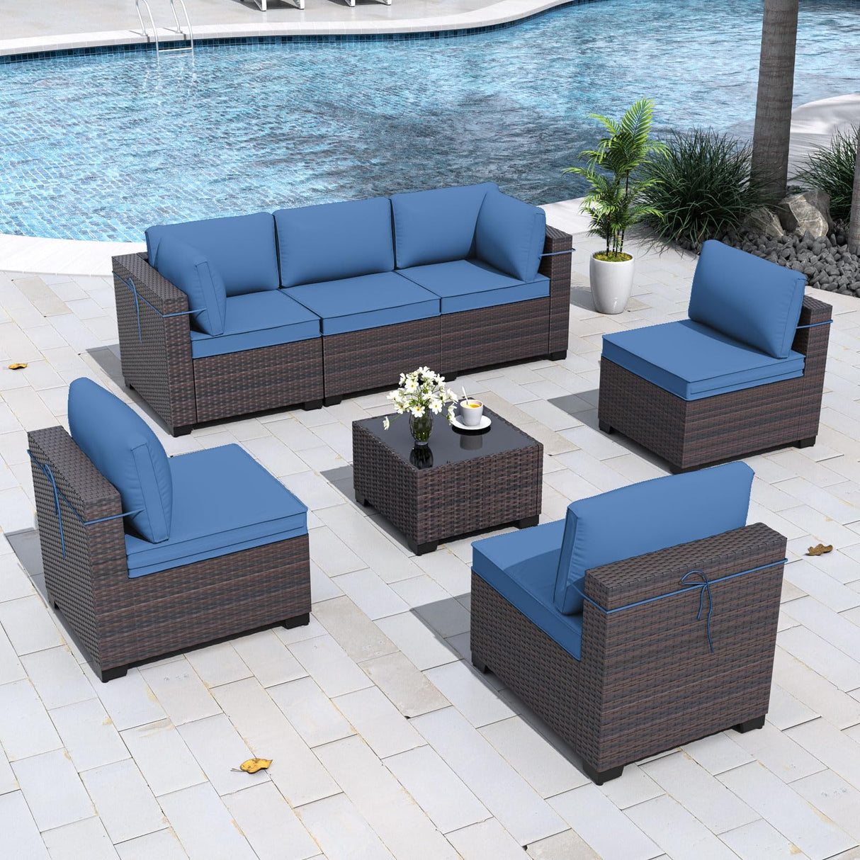 Gotland 7-Piece Outdoor Patio Furniture Set - All-Weather PE Rattan Sectional Wicker with Replaceable Navy Waterproof Cushions & Coffee Table Gotland