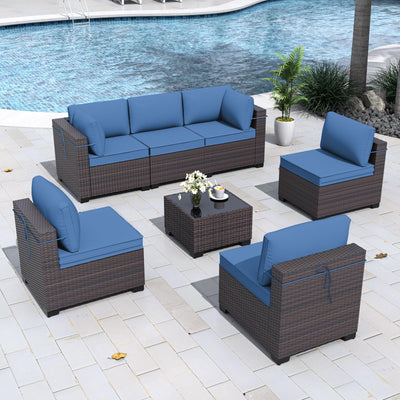 Gotland 7-Piece Outdoor Patio Furniture Set - All-Weather PE Rattan Sectional Wicker with Replaceable Navy Waterproof Cushions & Coffee Table