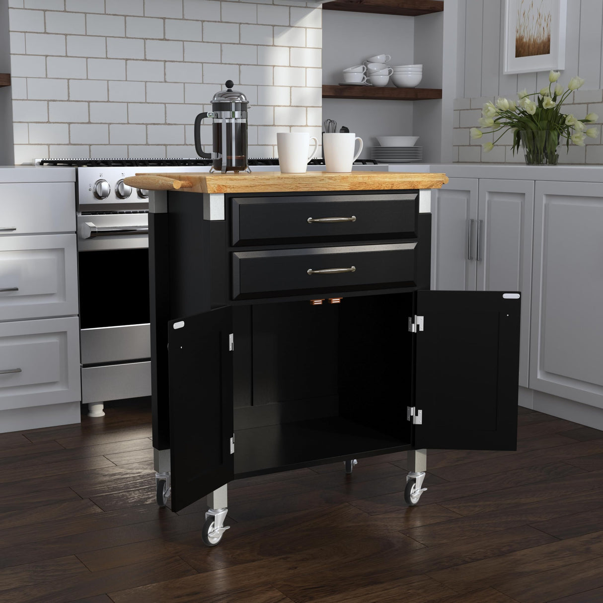 Home Styles Black Dolly Madison Prep and Serve Kitchen Cart with Natural Top, Locking Casters, Two Drawers, Two Storage Cabinets homestyles