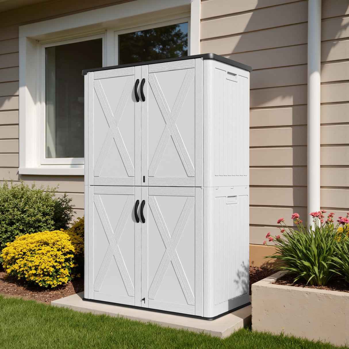 Devoko 50 Cu.ft Outdoor Storage Cabinet - Vertical Resin Storage Shed - Holds Patio Furniture, Pool Toys, Garden Tools (White) Shelf Not Included Devoko