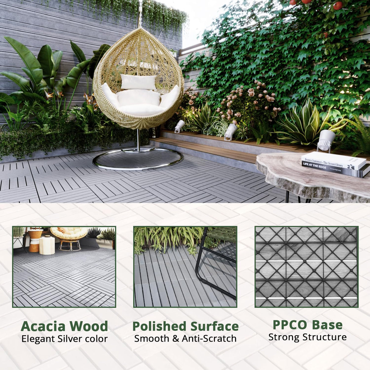 BEEFURNI Acacia Interlocking Deck Tiles (12"x 12" 20 PCS), Wood Deck Tiles Interlocking Outdoor All Weather, Patio Flooring for Indoor Outdoor use, 1 Year Warranty (Light Gray) BEEFURNI