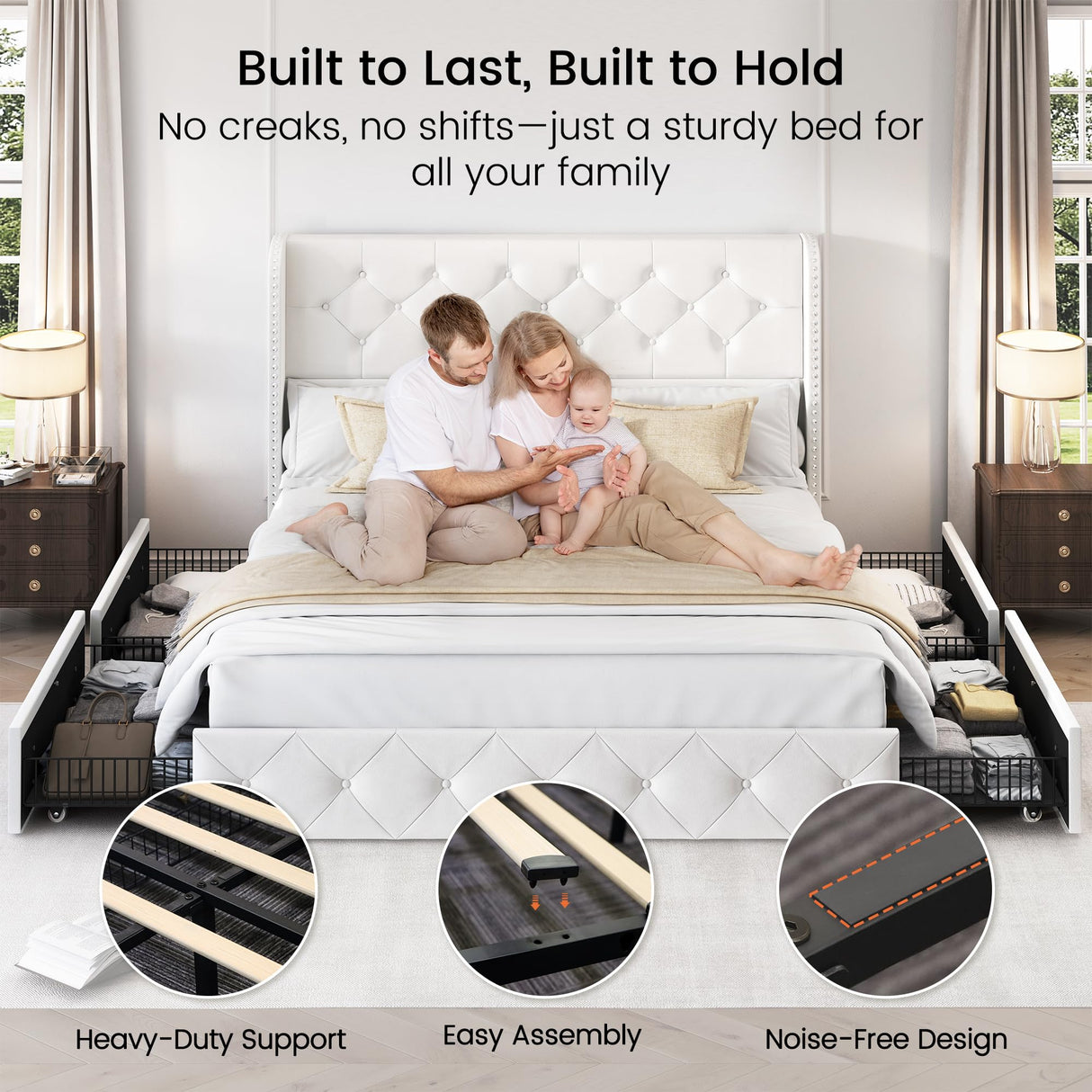 LARMACE Queen Size Bed Frame with 4 Storage Drawers and Wingback Headboard Velvet Upholstered Platform Bed Frame Tufted Beds with Wooden Slats Support, Easy Assembly, White LARMACE