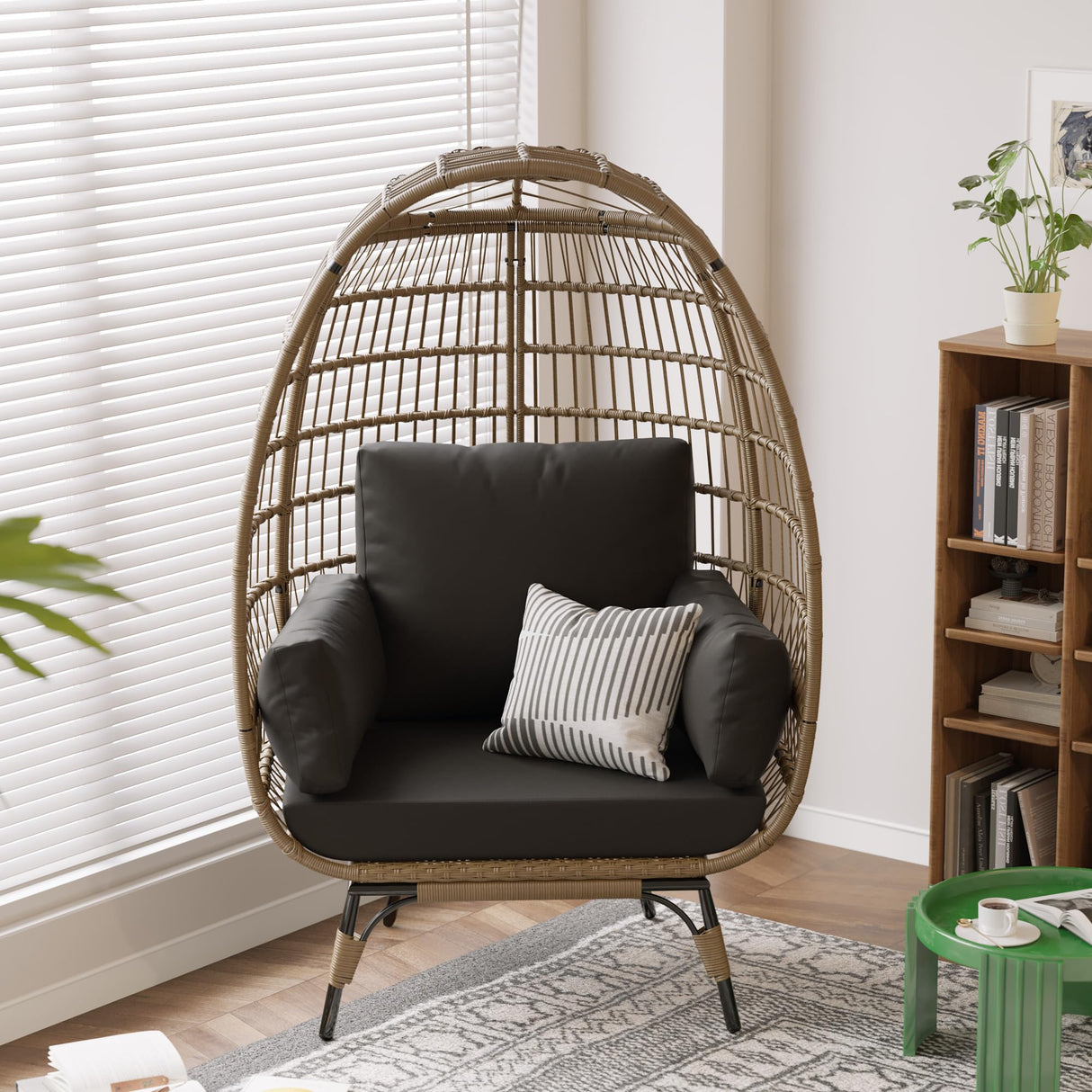 PtioHavn Rattan Egg Chair, Oversized Patio Lounge Chairs with Cushion and Metal Frame Stand, Indoor/Outdoor Egg Basket Chair for Patio, Balcony, Backyard, Living Room - Black PtioHavn