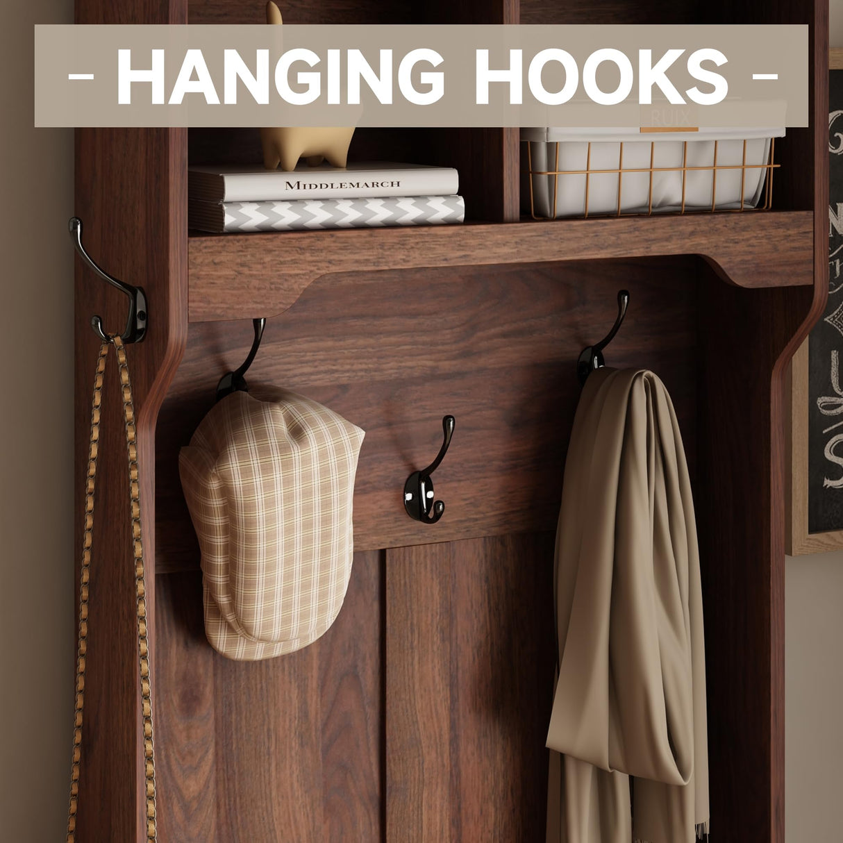 Maupvit Farmhouse Narrow Coat Rack with Shoe Storage, 6 Shoe Cubbies & 5 Coat Hooks, Entryway Furniture with Hall Tree, Ideal for hallways, Living Rooms and Mudrooms Maupvit