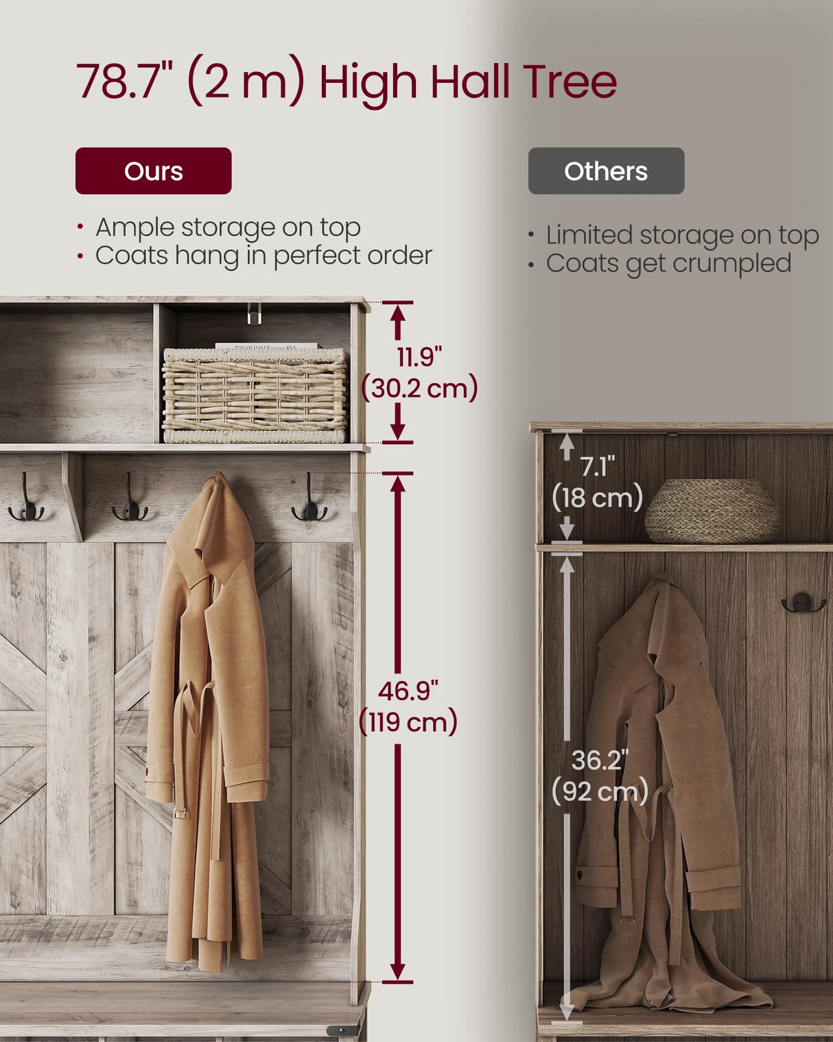 VASAGLE Hall Tree with Bench and Shoe Storage, Coat Rack with Shoe Bench, Entryway Furniture, 16 Open Compartments & Adjustable Shelf, 6 Tri-Hooks, Farmhouse Wooden Style, Heather Greige VASAGLE