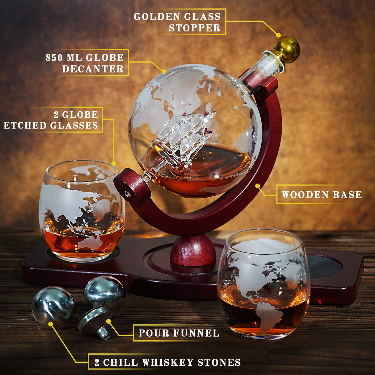 Gifts for Men Dad Christmas, PONPUR Whiskey Decanter Globe Set with 2 Ball Stones & 2 Glasses, Anniversary Birthday Gifts for Him Husband Boyfriend Brother, Cool Stuff Gift for Bourbon Scotch PONPUR