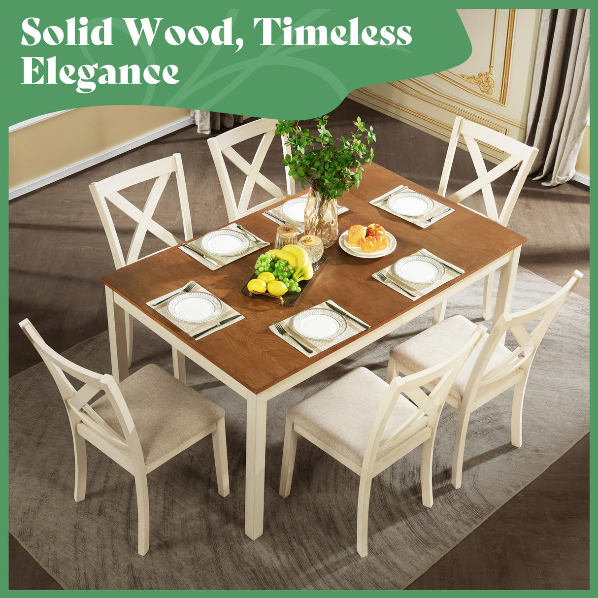 AMERLIFE 7-Piece Farmhouse Solid Wood Dining Table Set with 6 Upholstered Chairs, 60" Space Saving Dinner Table & Chairs Set, for Dining Room, Kitchen, Restaurant, Brown & White AMERLIFE