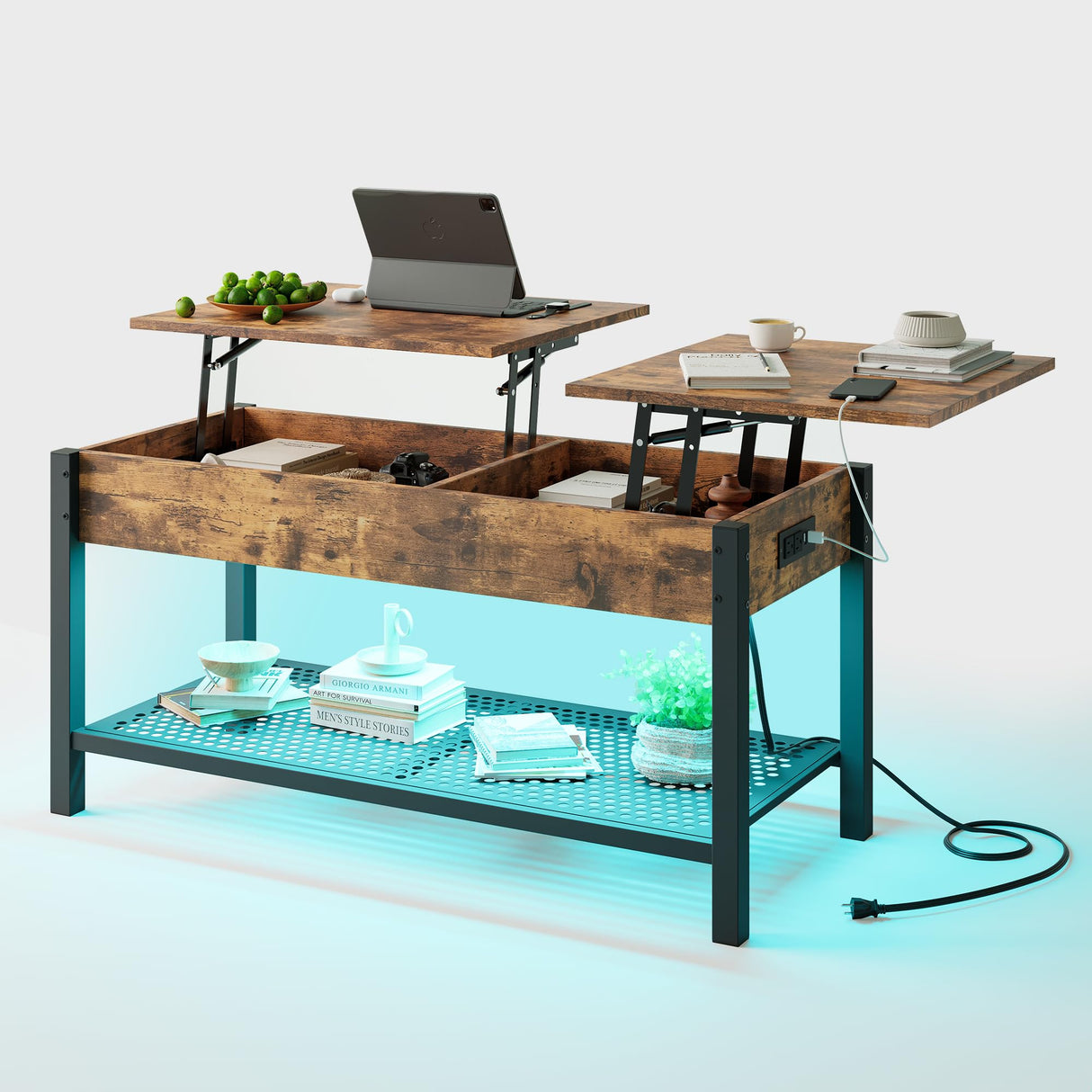 HOJINLINERO Lift Top Coffee Table with Storage/LED Lights,41.7" Small Coffee Table for Living Room,Farmhouse Coffee Table with Storage Shelf and Hidden Compartment,Dining Table Center Table,Brown HOJINLINERO