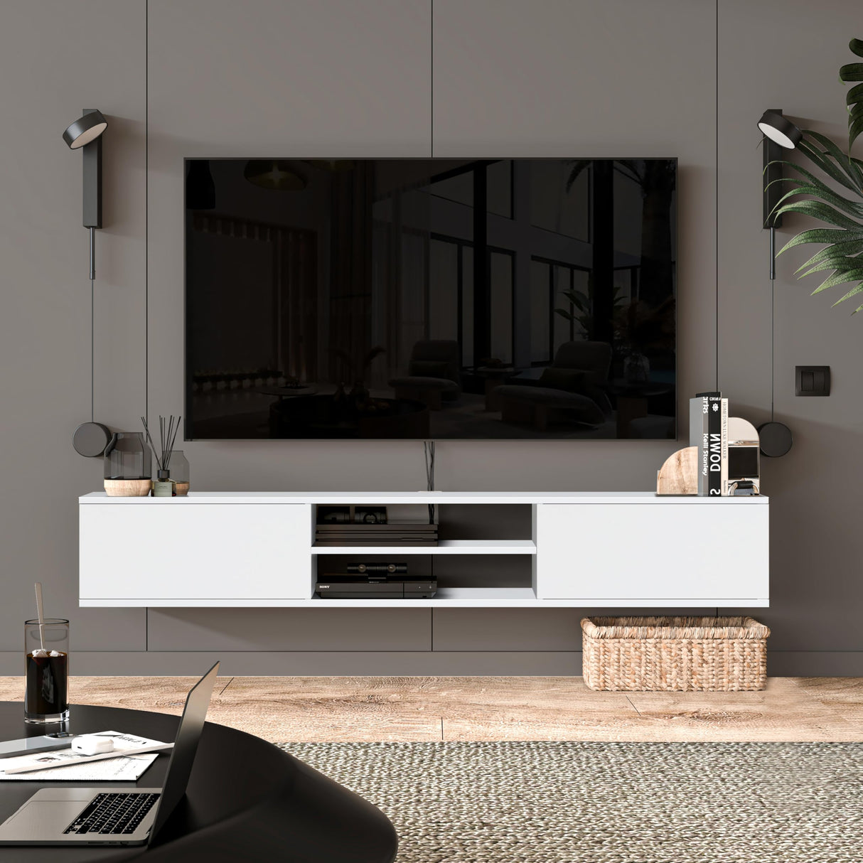 Atelier Mobili Floating TV Stand Wall Mounted, 70 inch Media Console, Floating Entertainment Center, White TV Stand for 75 inch TV ATELIER MOBILI THE LEADER OF THE INTERCHANGEABLE FURNITURE