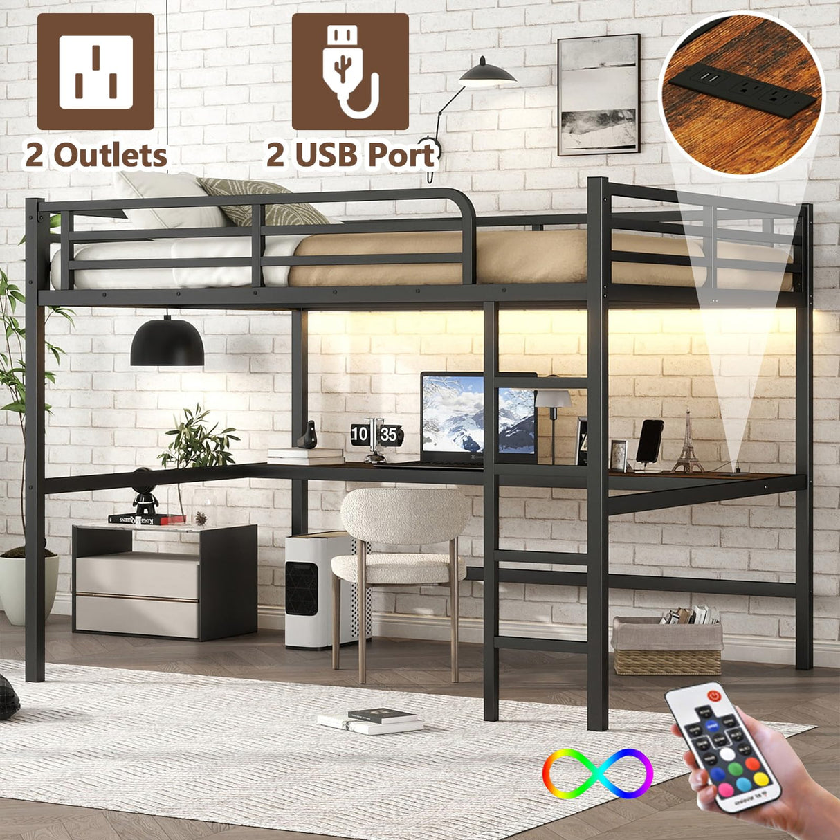 thctvous Queen Loft Bed with Desk,Gaming Loft Bed with LED, Guardrail,Heavy Duty Metal Bed Frame for Adults Teens,Space-Saving,Noise Reduced (Black, Queen) Thctvous