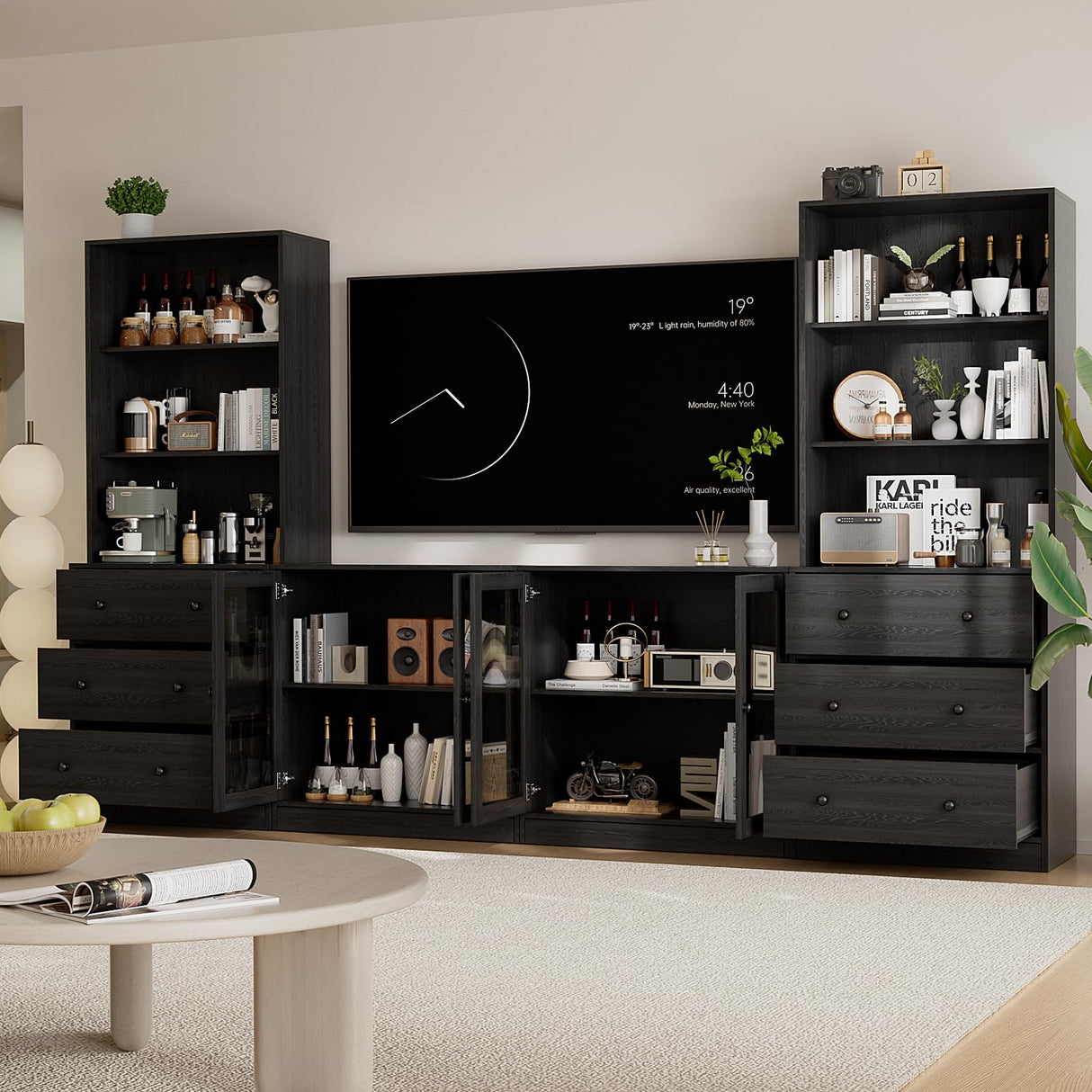 TUSY 4-Piece Large TV Stand with Bookshelves for TVs up to 75", TV Entertainment Center Media Center with Tempered Glass Doors and Shelves, TV Hutch for Living Room (Black) TUSY