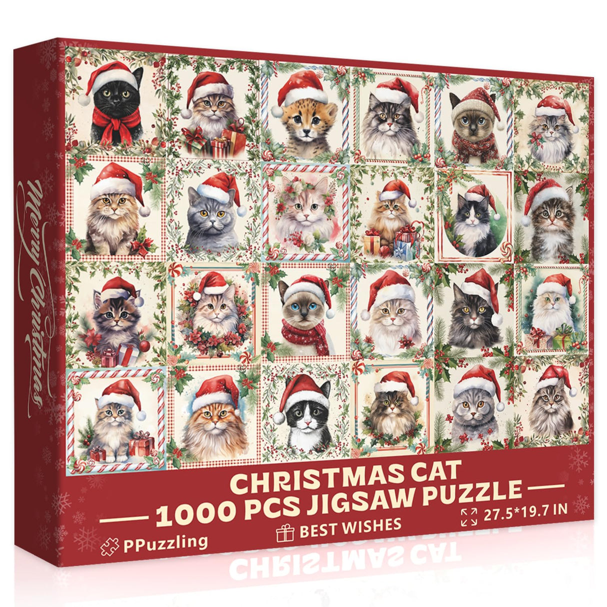 Christmas Cat Puzzles for Adults 1000 Pieces, Funny Animal Jigsaw Puzzle, Impossible Cute Kitty Puzzle as Home Wall Art Decor PPuzzling