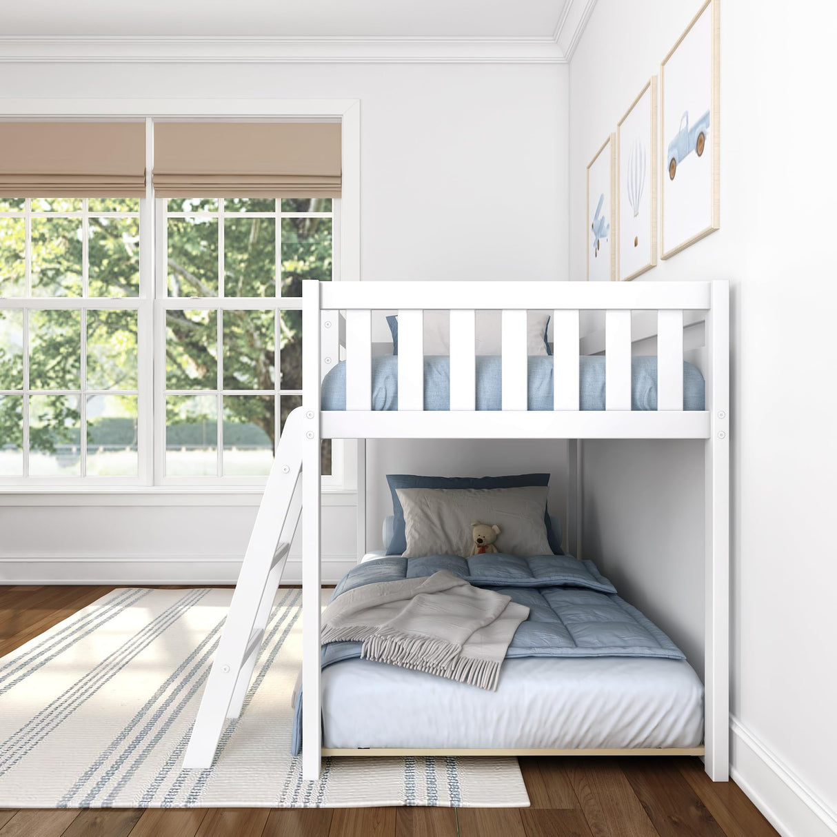 Max & Lily Fundamental Twin Low Bunk Bed, Kids Solid Wood Modern Bed Frame with Strong Wooden Slats, Non-Toxic Finishes, High Weight Capacity, White Max & Lily