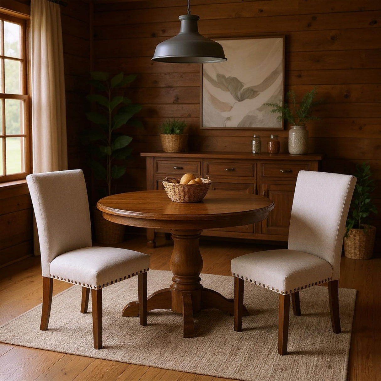 Set of 6 Beige Upholstered Dining Chairs – Farmhouse Kitchen Chairs with High Back, Solid Rubberwood Legs, Padded Foam Seat & Bronze Nailhead Trim, Comfortable Dining Room Chairs for Home COLAMY