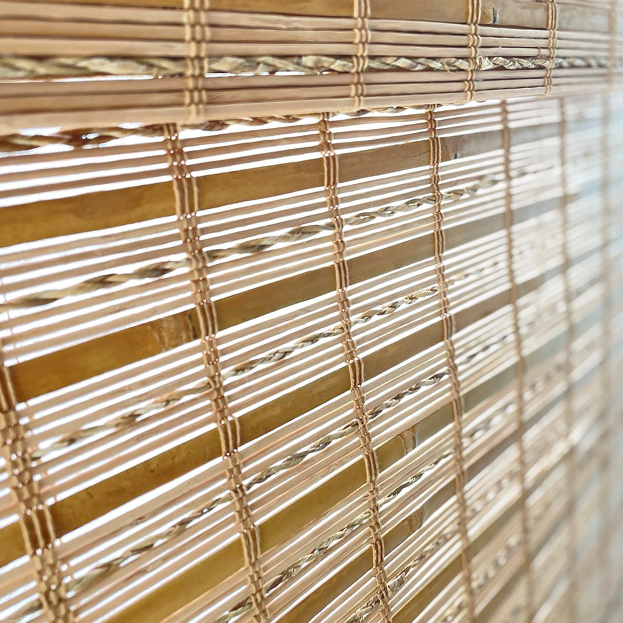 MOOD Custom Bamboo Shades | TWIRL | Cordless Bamboo Roman Shades for Windows and Doors (Natural Woven) | Maple Twirl (Sheer) | Custom Size Mood