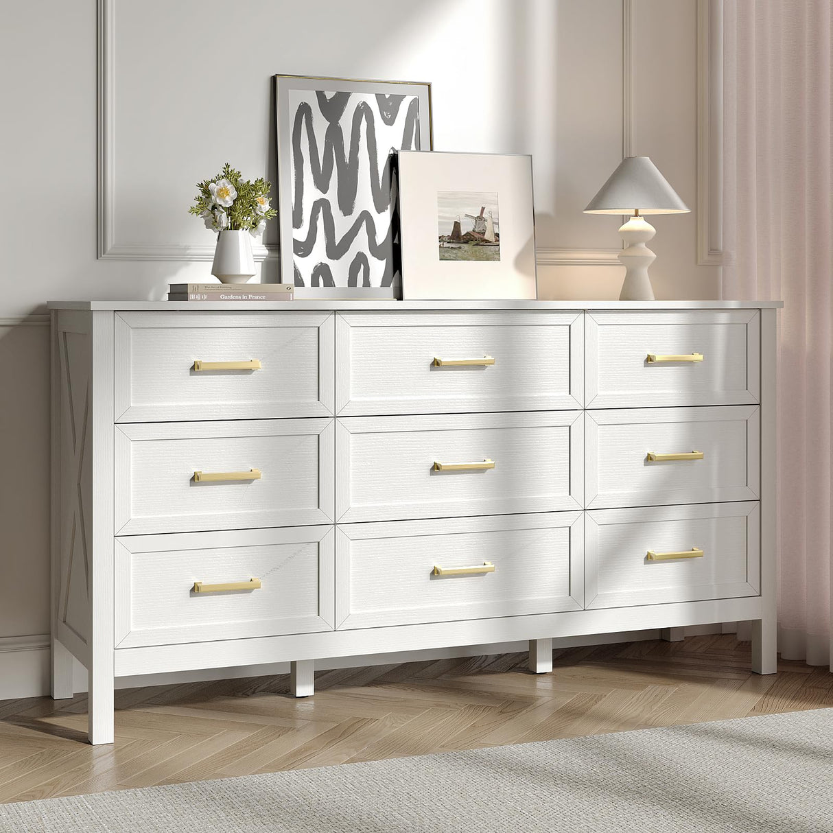 BAZELOR Farmhouse 9 Drawers Dresser for Bedroom, Wood Rustic Wide Dressers with Gold Handles, Wood Chest for Bedroom, Hallway, Entryway, White BAZELOR