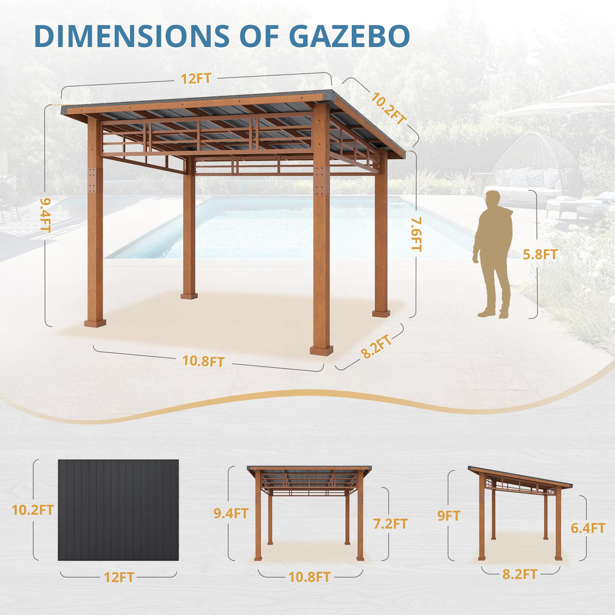 LUE BONA 10x12 Hardtop Lean to Gazebo, Outdoor Pergola Metal Roof Gazebo with Wooden Frame, Permanent Patio Gazebo Canopy with Curtains, Pavilion Grill Gazebo for Backyard, Garden, Deck, Patio LUE BONA