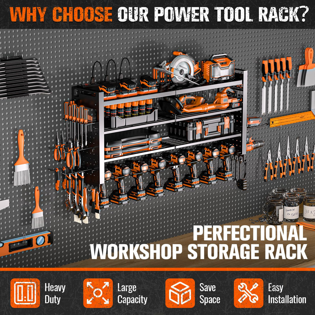 Heavy Duty Power Tool Organizer Wall Mount with Charging Station, Large Garage Organization with 10 cordless Drill Holder, 4 Layers Tool Organizers and Storage, Tool Rack with 6 Power Strip, Black Shomextol