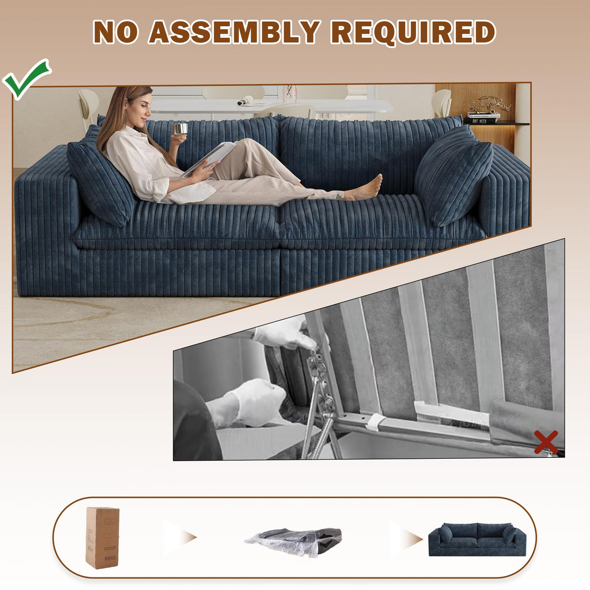 CKEASEAN 78.8" Corduroy Boneless Loveseat Couch with Removable Cushion, Cloud sectional Sofa, No Assembly Required, Compression Sofa in a Box, DlY Combination for Living Room (Blue) CKEASEAN