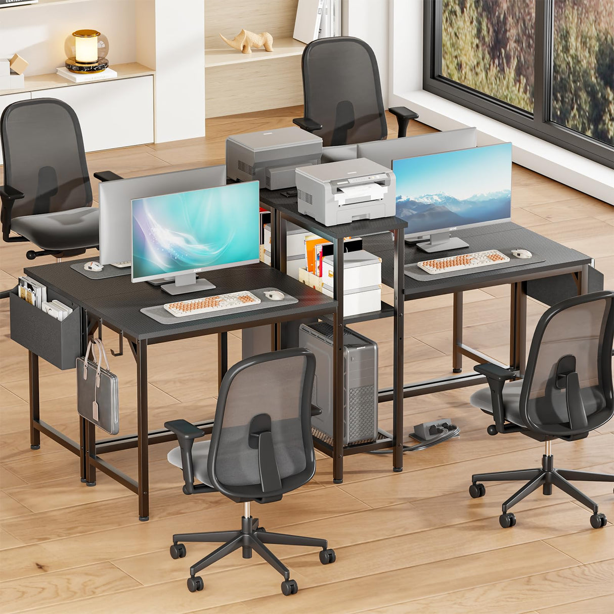 Furologee Double Desk with Power Outlets, 71 Inch Computer Desk with Storage Bag and Headphone Hooks, Gaming Desk Study Writing Table for Home Office, Black Furologee