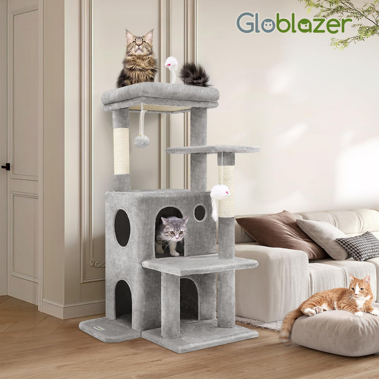 Globlazer FC50 Cat Tree Tower for Indoor Cats, 50-inch Adult Cat Tree House for Large Adult Cats with Steps, Scratching Post, 2 Cat Caves, Dangling Toys, Light Grey Globlazer
