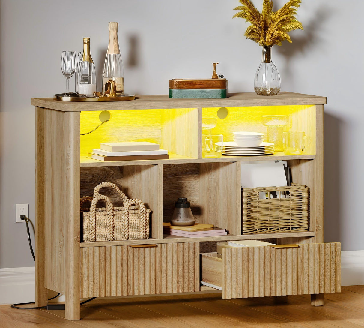 YITAHOME Bookcase with Drawers, Fluted Wood Cubby Storage Organizer Shelf Cube Bookshelf with Adjustable LED Lighting, Modern Horizontal Bookshelf for Living Room, Office, Entryway, Oak YITAHOME