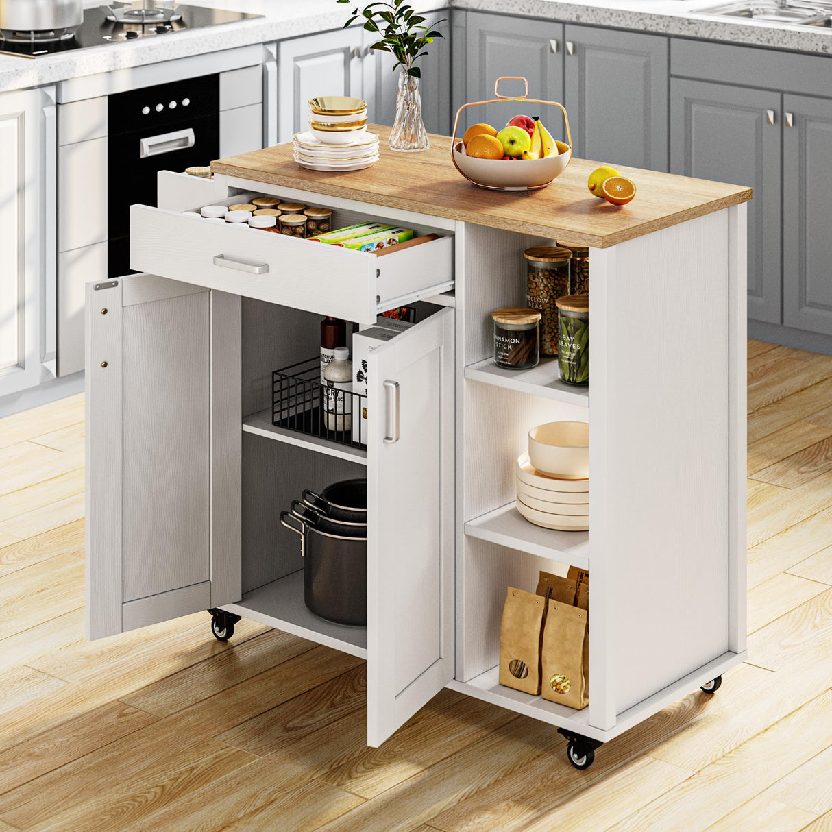 YITAHOME 37" Rolling Kitchen Island Cart with Storage, Butcher Block Island on Wheels, Mobile Kitchen Storage Carts with Shelves & Spice, White YITAHOME