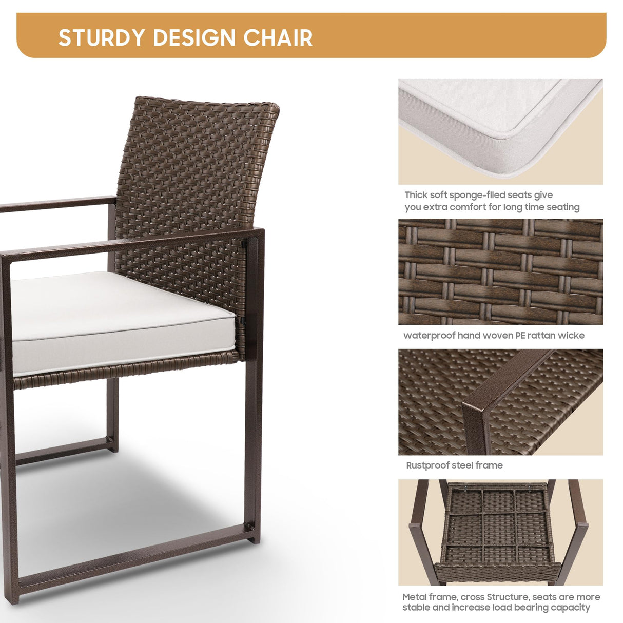 YIYAN Patio Furniture Set 3 Pieces Outdoor Rattan Chair Wicker Sofa Garden Conversation Bistro Sets with Coffee Table,Comfortable Washable Cushions (White) YIYAN