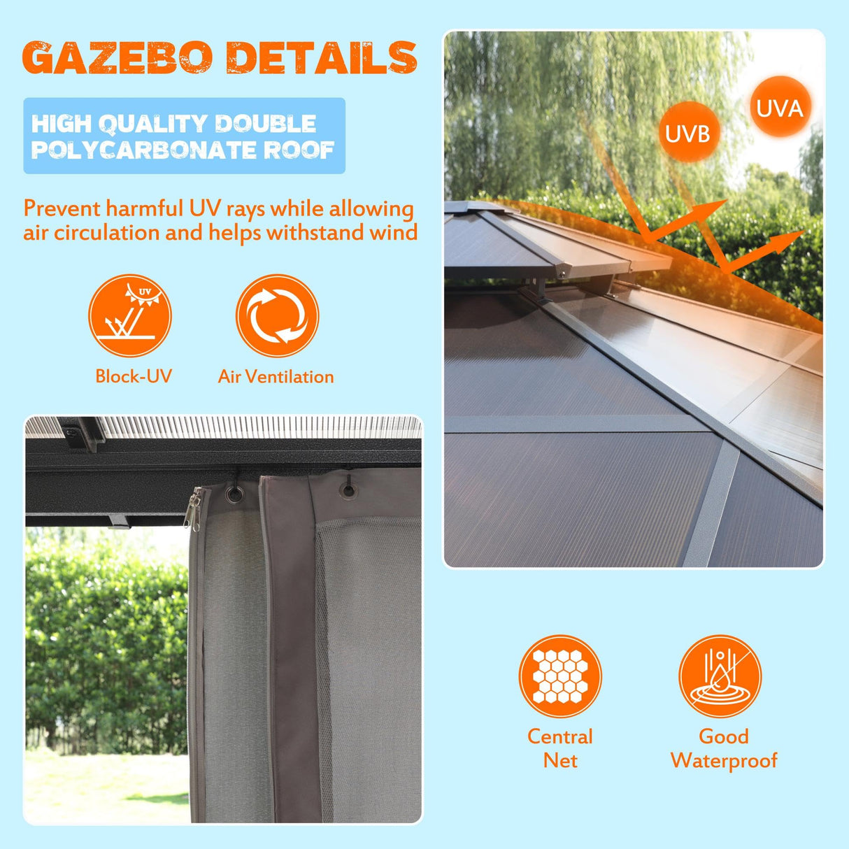 MUPATER Outdoor 10x13 FT Polycarbonate Hardtop Gazebo with Aluminum Frame, Double Roof Canopy Permanent Outdoor Pavilion with Netting & Curtains for Patios, Deck, Lawns, Gardens and Pools MUPATER