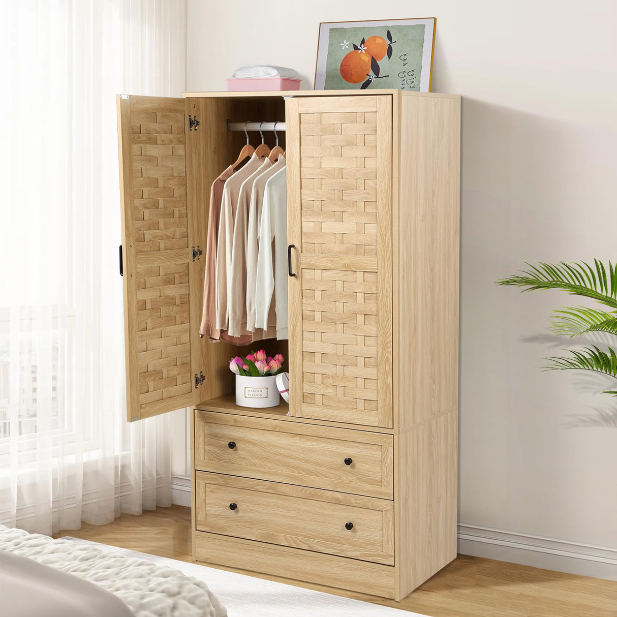 QEIUZON Wardrobe Closet, Freestanding Closet Wardrobe Cabinet with Wide Drawers & Hanging Rod, Armoire for Bedroom, Kids' Room, Dorm (Natural) QEIUZON