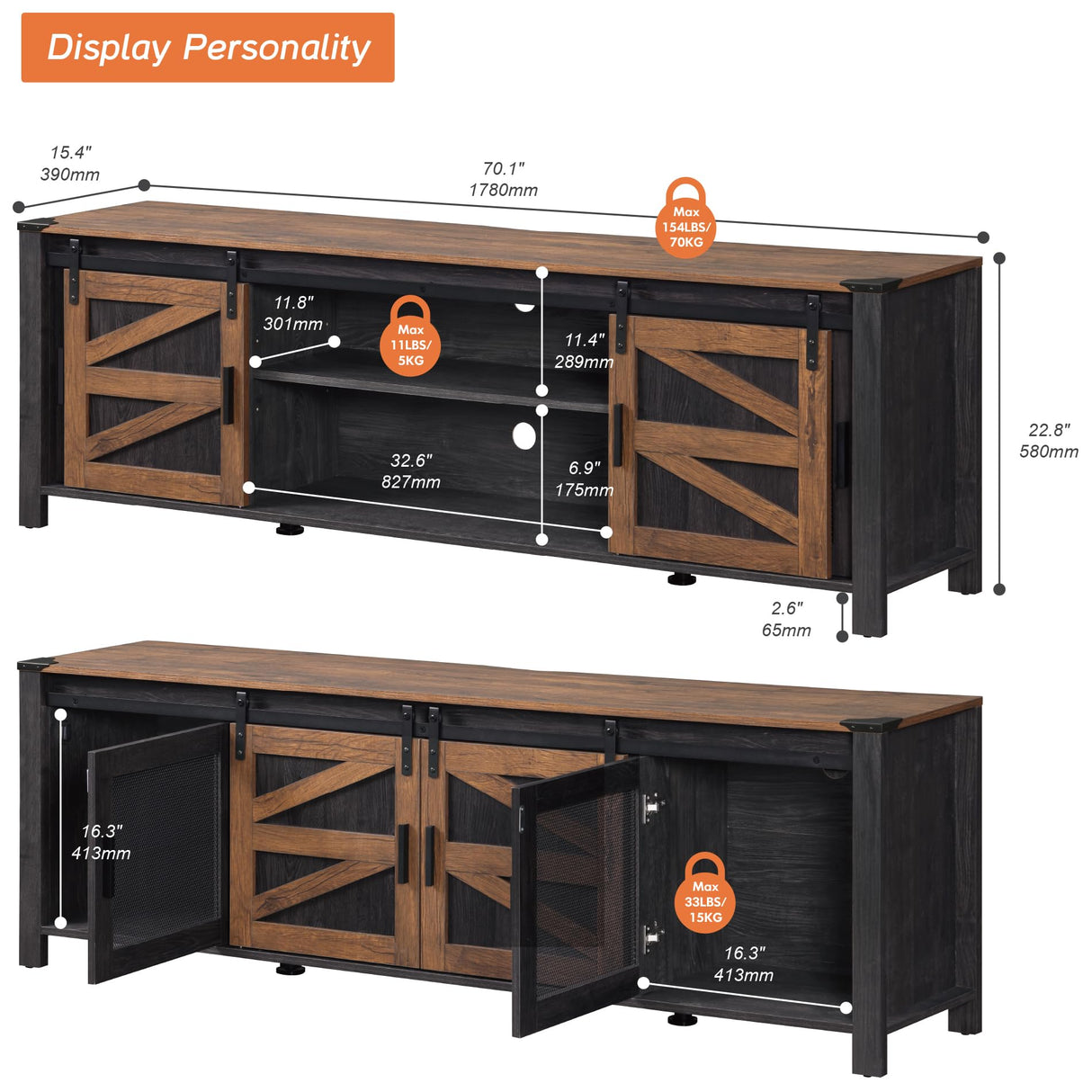 Wampat 70" Farmhouse TV Stand with Mesh Doors, Entertainment Center for 75" TV, Adjustable Shelves, 2 Storage Cabinets, Console Table for Living Room, Antique Brown & Black WAMPAT